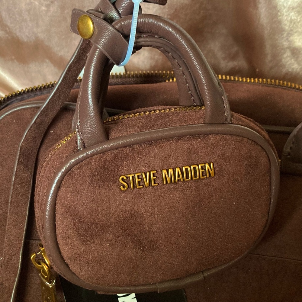 Steve Madden Brown Faux Suede Satchel with Coin Pouch and Top Handles - Picture 2 of 10